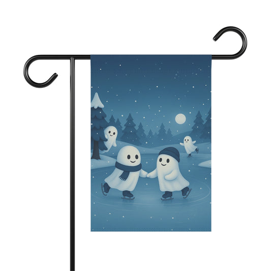 Ghosts Ice Skating on Lake Garden Flag, Winter Yard Flag, Cute Ghost Outdoor Banner, Cozy Ghost Lawn Decor, Whimsical Winter Flag