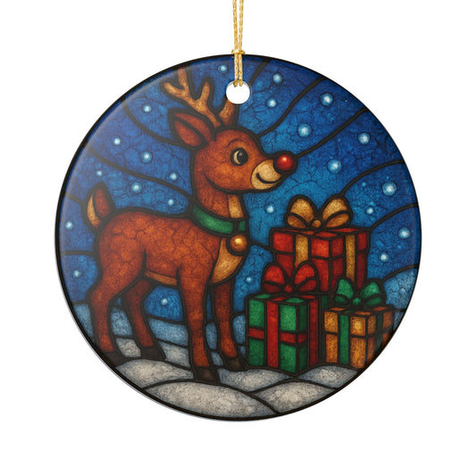 Rudolph the Reindeer with Presents Ornament | Stained Glass effect | Ceramic Christmas Decoration | Christmas 2025