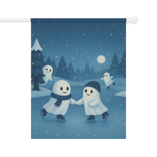 Ghosts Ice Skating on Lake Garden Flag, Winter Yard Flag, Cute Ghost Outdoor Banner, Cozy Ghost Lawn Decor, Whimsical Winter Flag