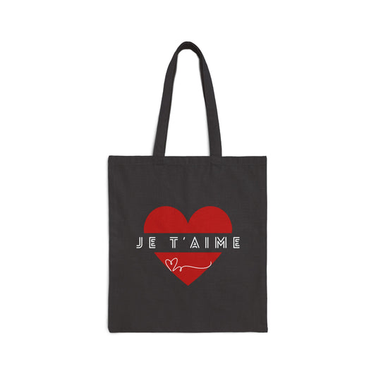 Je T'aime Tote Bag, Red Heart French Love, Gift for Her, Romantic Canvas Handbag, Eco-Friendly Shopping Bag, Library Grocery Bag