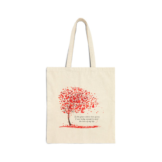 Red Heart Tree of Love Tote Bag, Gift for Her, Romantic Canvas Handbag, Eco-Friendly Shopping Bag, Anniversary Gift, Gift for couples