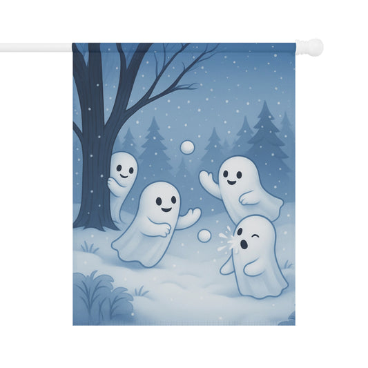 Ghost Snowball Fight Garden Flag, Winter Yard Flag, Cute Ghost Outdoor Banner, Cozy Ghost Lawn Decor, Whimsical Winter Flag