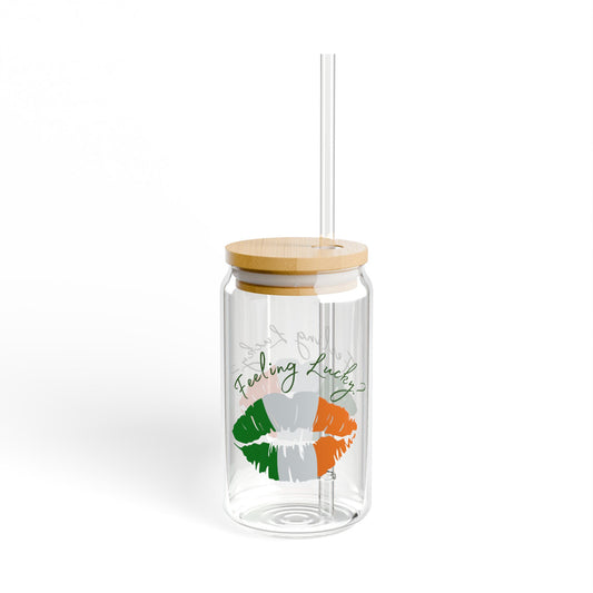 Feeling Lucky Glass Can Tumbler - 16oz Clear Cup with Bamboo Lid & Straw, Irish Flag Lips Design, Fun Lucky Charm Gift for Coffee Lovers